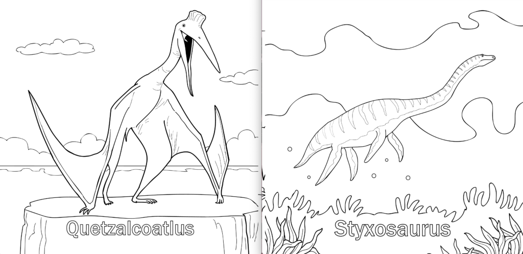 Preview of the Snow Globe Adventures Colouring Book: The extinct dinosaur